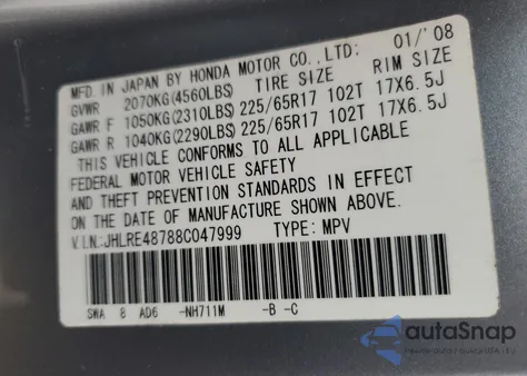 2008 Honda Cr-V Exl z USA, uszkodzony, nr VIN JHLRE48788C047999
